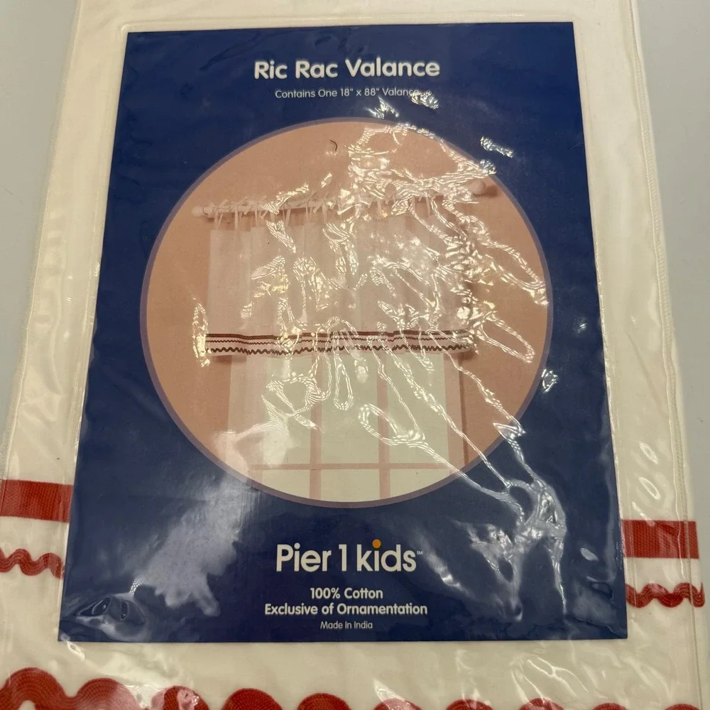 Pier 1 Kids Ric Rac Curtain Set 2 Panels 42x84 1 Valance 88x18 White Red 616301